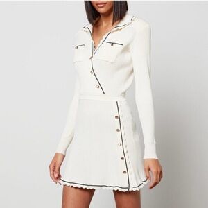 Self Portrait Ivory Contrast Stitch Ribbed Knit Mini Dress